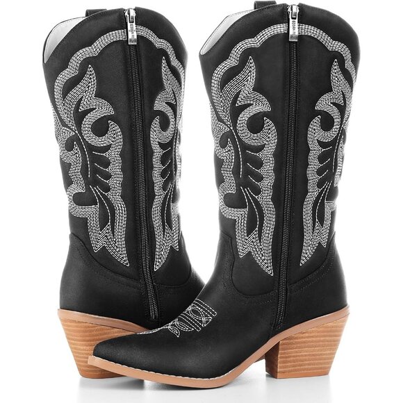 Black Western Cowboy Boots Embroidered Women Mid Calf Chunky Heel Fashion Shoes - Picture 1 of 5